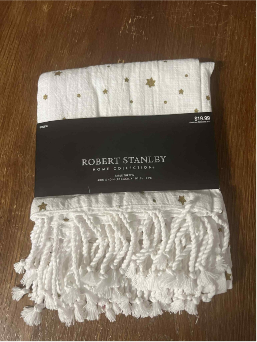 Robert Stanley Gold Star Table Throw 40”x40” White Fringe Christmas Holiday NEW